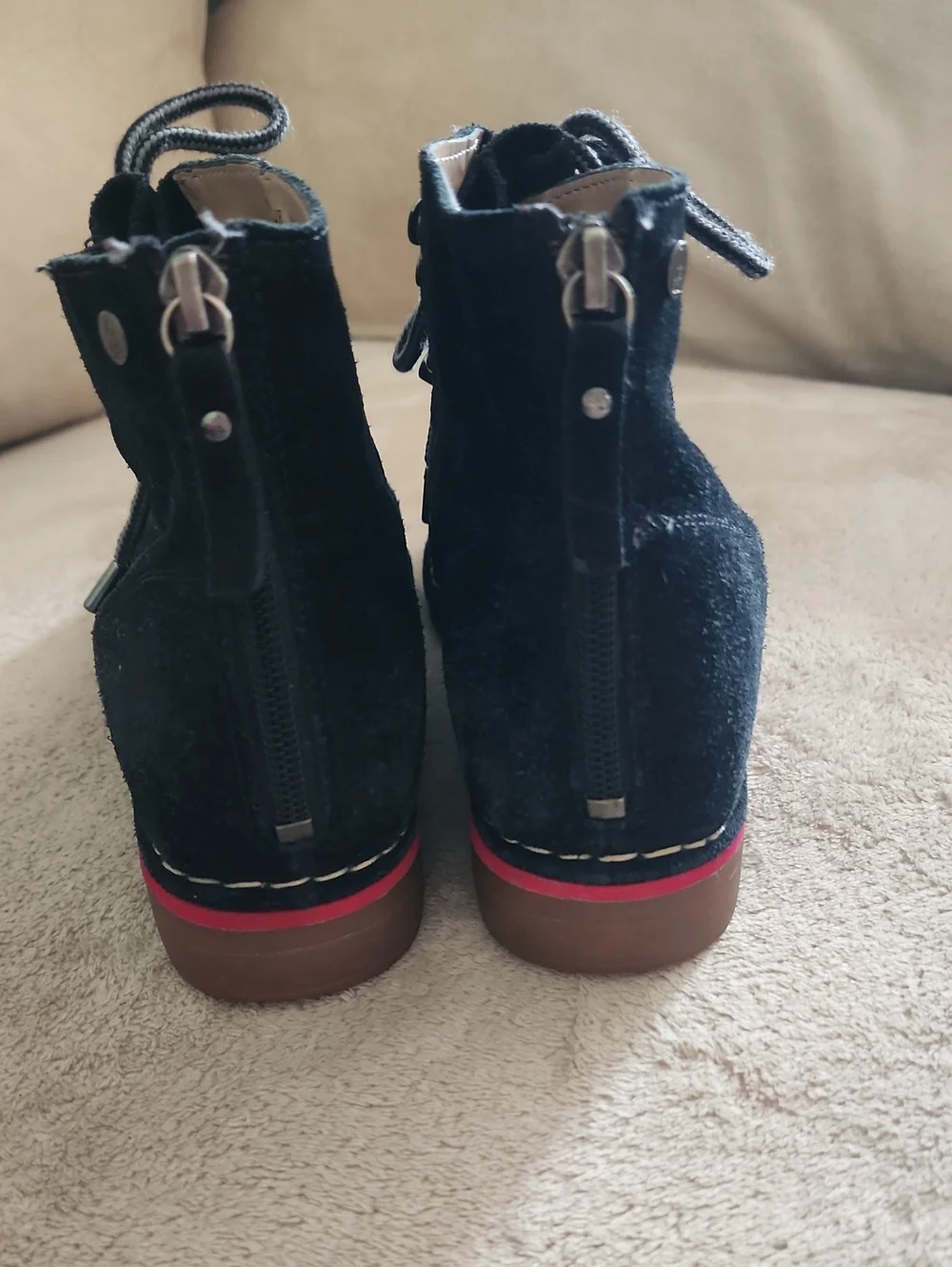 Hush Puppies Black Suede Ankle Hiker Boots with Red-Trim Sole